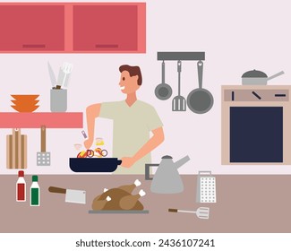 Young man Fried vegetables and cooking chicken meat. tomato, capsicum, carrot, cucumber, chilli, and onion. flat vector illustration.