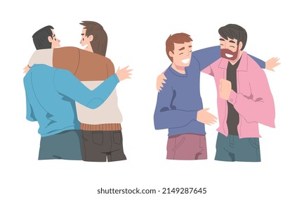 Young Man Friends Meeting Together Embracing and Greeting Each Other Vector Set