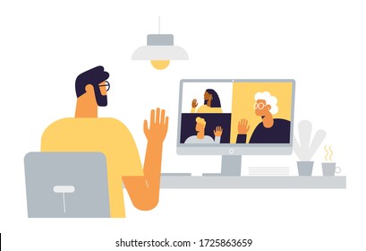 Young man with friends in a video chat. Online meeting of family and grandmother. Remote communication on the internet. People wave their hands on the monitor screen. Vector illustration, flat design