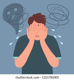 The young man was frightened and covered his face with his hands. Vector illustration of human mental and neurological diseases