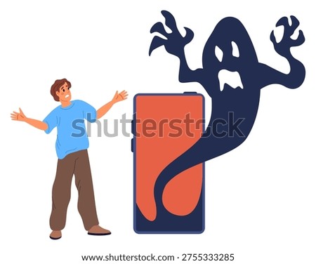 Young man with frightened expression on his face looks at monster on phone. Spooky boogeyman shadow. Scared smartphone user. Afraid of ghost shade from cellphone screen. Mobile crime. Vector concept