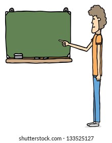 Young man in front of blackboard