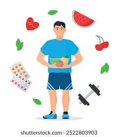 Young man with fruits, vegetables, medicines and other items. Healthy lifestyle concept.