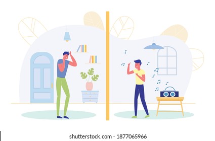 Young Man Frustrated And Distressed With Annoying Loud Music. Teenage Boy Neighbour Loudly Listening Music And Causes Trouble To People Living Next Door. Flat Cartoon Vector Illustration.