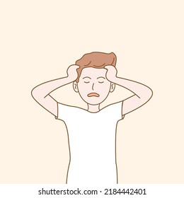 Young Man Frustrated With Her Problem While Pulling Her Hair Up. Vector Illustration