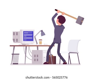 Young man, frustrated user, holding a big hammer, is about to crash an old computer with Blue Screen of Death, home desktop error screen displayed on it, system fatal problem, office PC gets hanged up