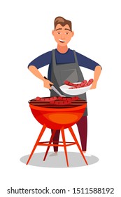 Young man frying barbecue flat color illustration. Cheerful cook in apron grilling sausages and shashlik cartoon character. Nature picnic vector drawing. Cookout season isolated design element