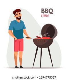 Young man frying barbecue flat color illustration. Cheerful cook in apron grilling sausages and shashlik cartoon character. Nature picnic vector drawing. Cookout season isolated design element