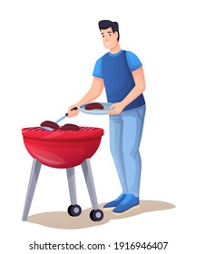 Joven friendo parrilladas de color plano. Cocina alegre en salchichas de parrilladas de delantal y personaje de dibujos animados shashlik. Dibujo vectorial de picnic natural. Elemento de diseño aislado de temporada de cocinas
