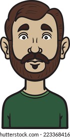 joven con barba completa, pelo castaño y un suéter verde. Carácter de avatar vector