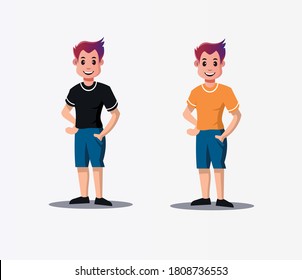 Young man full height with different facial expressions set vector illustration isolated