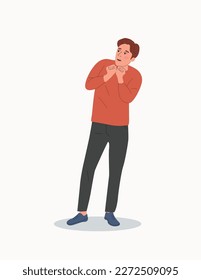 Young man in full height experiences fear, fright, stress.Vector flat style cartoon  illustration.