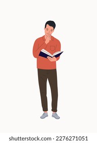 Young man in full height reading book isolated. Vector flat illustration