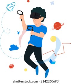 A Young man with funy virtual reality VR headset. People vector illustration.
