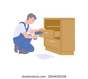 Young man furniture maker is assembling of chest of drawers or wardrobe. Carpenter repairs or constructions of wood home furniture. Flat cartoon isolated vector illustration.