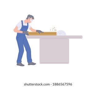 Young man furniture maker is working in his workshop on wood processing machine. Repair, making, assembling and construction of home furniture. Flat isolated vector illustration