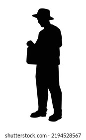 Young man with gallon in hand silhouette vector on white background, worker in factory site.