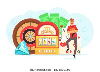 Young Man Gambling, Guy Playing Roulette, Slot Machine, Poker, Casino And Gambling Cartoon Vector Illustration