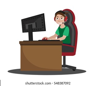 Young Man Gamer Playing Computer Games , Cartoon Style , Isolated on white background , Vector Illustration