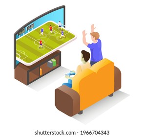 Young man gamer playing football video game on tv with controller sitting on sofa, flat vector isometric illustration. Online gaming, video console games.