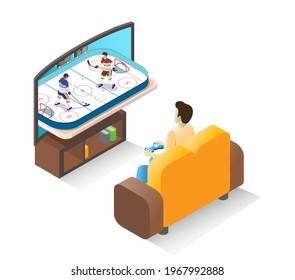 Young man gamer playing ice hockey video game on tv with controller sitting on sofa, flat vector isometric illustration. Online gaming, video console games.