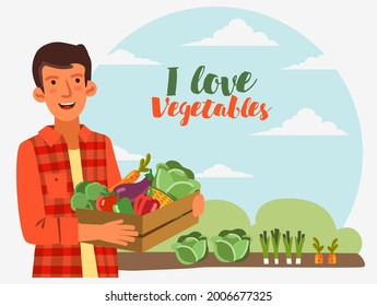 Young man in a garden with a basket full of fresh vegetables: cabbage, pepper, tomato, carrot, corn, broccoli and eggplant in cartoon style