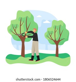 Young Man, Gardener Pruning Or Trimming Tree By Cutting Away Dead Branches With Pruner, Flat Vector Illustration. Gardening, Agriculture, Garden Care And Maintenance Service.