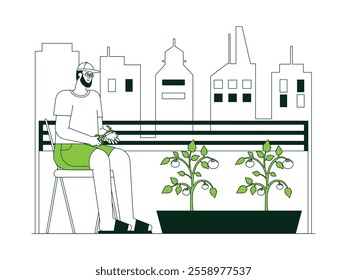 Young man gardening on his apartment balcony looking relaxed, sitting on a chair taking care of tomato plants growing in big pots, cityscape with tall buildings, urban farming vector illustration.