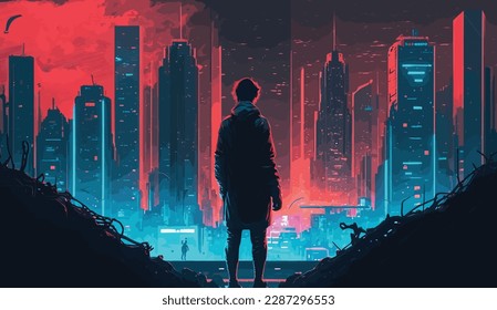 A young man gazes in wonder at the futuristic metropolis before him, marveling at the towering skyscrapers and sleek architecture. The bustling cityscape radiates a sense of energy and ambition.