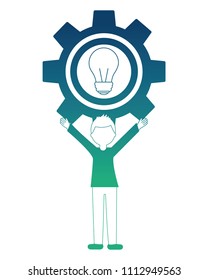 young man with gear and light bulb isolated icon