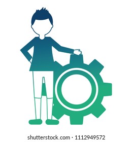 young man with gear machine isolated icon