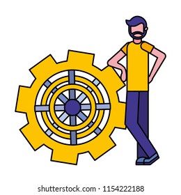 young man with gear machine isolated icon