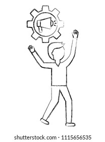 young man with gear and megaphone
