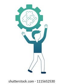 young man with gear and puzzle pieces isolated icon