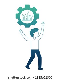 young man with gear and statistical graphics isolated icon