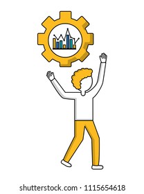 young man with gear and statistical graphics isolated icon