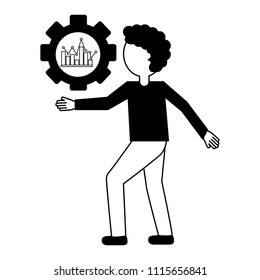 young man with gear and statistical graphics isolated icon