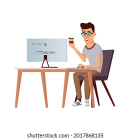 young man geek working on computer on early morning cartoon vector. young man geek working on computer on early morning character. isolated flat cartoon illustration