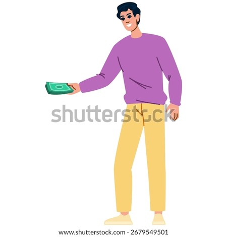 Young man is generously giving money, holding out a stack of banknotes with a cheerful smile, representing financial support, donation, or payment