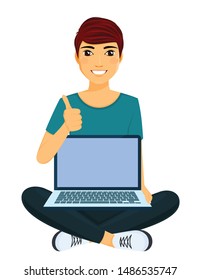 A young man gestures a big thumbs up. The gesture shows that everything is in order. Work, education and entertainment via the Internet. The guy sits with a laptop on his lap. Flat style on white back