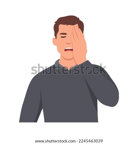 Young man with a gestures facepalm. Headache, disappointment or shame. Flat vector illustration isolated on white background