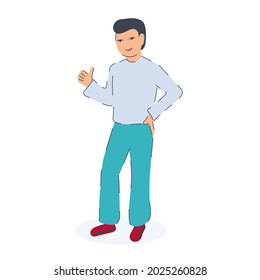 Young man gestures "ok", shows gesture cool. Flat design illustration isolated on white.