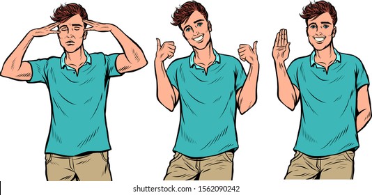 young man gestures set. Pop art retro vector illustration drawing vintage kitsch