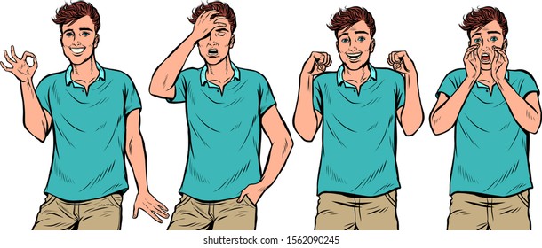 young man gestures set. Pop art retro vector illustration drawing vintage kitsch