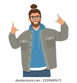 Young man gesturing, doing or making rock and roll symbol or sign with hands up. Flat Vector character illustration