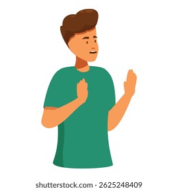 Young man is gesturing with his hands while having a conversation
