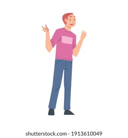 Young Man Gesturing while Talking to Someone, Guy Talking or Sharing Impressions Cartoon Style Vector Illustration