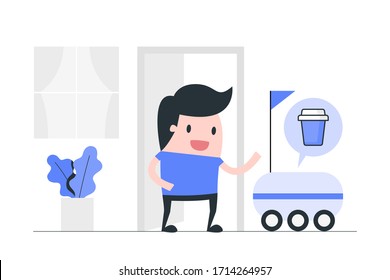 Young Man Get Coffee From Delivery Robot. Automatic Delivery System Concept Illustration.