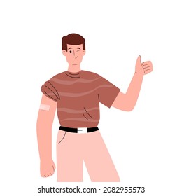 Young man get COVID or flu vaccine shot and do eye wink vector illustration. Trendy looking male after vaccination stand showing his arm with bandage on his shoulder and a thumb-up. Cartoon flat style