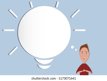 A young man get the idea,flat and paper art style,notion,word,text,boy,imagination,mind,big,blue,face,lamp,see,know, realize,grasp,savvy,recognize,acquaint,ideally,perfectly,new, vector illustration.